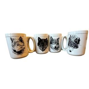 Bob Dunn Wolf Coffee Beverage Ceramic White Black Mugs Set 4 Large Heavy Vintage